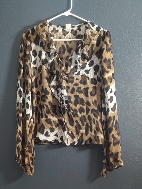 Silk Animal Leopard Ruffle Blouse in Brown and Black Size 4